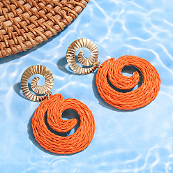 Темно-Оранжевый Серьги-гвоздики из сплава рафии с висячими мотивами в форме спирали вихря, золотые, темно-оранжевый, 64x38 мм