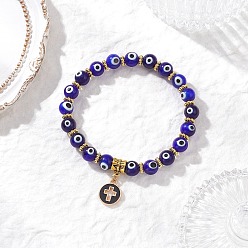 Синий Браслеты с подвесками из сплава с эмалью и плоскими круглыми крестами, Комплекты браслетов ручной работы из бисера и бусин от сглаза для мужчин и женщин, золотой свет, синие, внутренний диаметр: 2-3/8 дюйм (5.9 см)