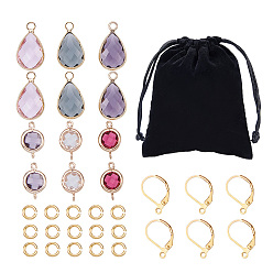Golden DIY Earring Making, with Brass Lever Back Hoop Earring, Brass Glass Link, Brass Glass Drop Pendant and Brass Open Jump Ring, Golden, 12x10cm, 40pcs/set