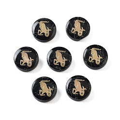 Козерог Окрашенные в черный цвет синтетические бирюзовые бусины, с золотистыми латунными пластинами, плоский круглый с созвездиями, Козерог, 15x4.5 мм, отверстие : 1 мм