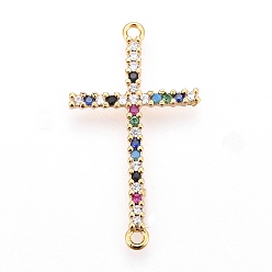 Golden Brass Micro Pave Cubic Zirconia Links, Sideways Cross, Colorful, Golden, 28.5~29.5x16x2mm, Hole: 1.4mm