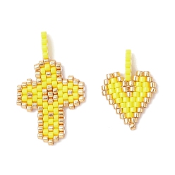 Желтый 2шт 2 стили стеклянные подвески из бисера, сердце и крест, желтые, 20~28.5x14~17.5x3.5 мм, отверстие : 2.5 мм