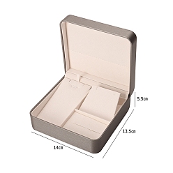 Silver Imitation Leather Jewelry Set Storage Boxes, Covered by Velvet, Square, Silver, 14x13.5x5.5cm