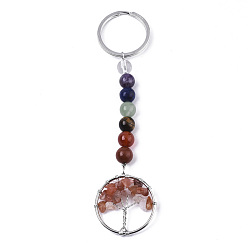 Carnelian Natural Carnelian/Red Agate Chips Chakra Keychain, with Platinum Plated Stainless Steel Split Key Rings and Mixed Stone Round Beads, Flat Round with Tree of Life, 122mm