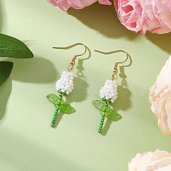 Белый Серьги-подвески в виде цветка из нержавеющей стали и стекла, с перламутровыми круглыми бусинами из стекла, окрашенными методом выпекания, и биконусными стеклянными бусинами, имитирующими австрийский хрусталь, с гальваническим покрытием, золотые, белые, 52x17 мм