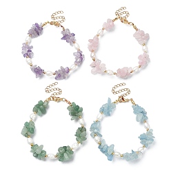 Mixed Stone 4Pcs 4 Style Natural Mixed Gemstone Chips & Pearl Beaded Bracelets Set, Stackable Bracelets for Women, 7-1/4 inch~7-3/8 inch(18.3~18.6cm), 1Pc/style