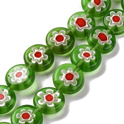 Зеленый лайм Handmade millefiori lampwork beads strands, плоско-круглые, зеленый лайм, 10x3.5 мм, отверстие : 0.8 мм, около 38 шт / нитка, 14.65'' (37.2 см)