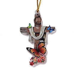 Brown Opaque One-sided Printed Acrylic Big Pendants, for Halloween, Cross with Butterfly, Brown, 495x2mm, Hole: 3.5mm
