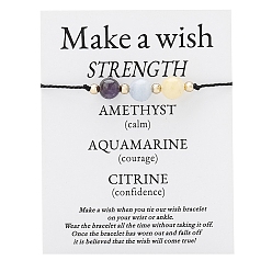 Смешанные камни Регулируемые круглые браслеты из плетеных бусин из натурального цитрина, аквамарина, аметиста и латуни, 6-1/4~10-1/4 дюйм (16~26 см)