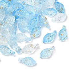 Sky Blue Transparent Acrylic and Gold Foil Pendants, Leaf Charms, Sky Blue, 10x5x3.5mm, Hole: 1.4mm