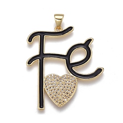 Black Brass Micro Pave Cubic Zirconia Pendants, with Enamel, Long-Lasting Plated, Golden, Letter and Heart, Black, 35x30.5x3mm, Hole: 3x5mm