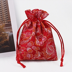 Red Chinese Style Rectangle Satin Cloth Flower Printed Drawstring Gift Bags, Storage Bags, Red, 12x9cm