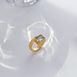 Rectangle 304 кольца из нержавеющей стали с кубическим цирконием, реальный 18 k позолоченный, прямоугольные, размер США 6 (16.5 мм)