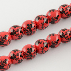 Red Printed Handmade Porcelain Beads, Round, Red, 10mm, Hole: 2mm