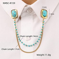 Rectangle 304 подвесная брошь-цепочка из нержавеющей стали, окрашенная в паве из синтетической бирюзы, золотые, прямоугольные, 170 мм, брошь: 15x19 мм