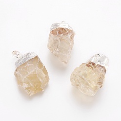 Лимонный Кварц Подвески из натурального аметиста , с латунной фурнитурой , самородки, серебряный цвет гальваническим, 30.5~38x20~30x14~21.5 мм, отверстие : 5x8 мм