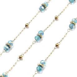 Светло-Голубой 304 цепи из нержавеющей стали, ионное покрытие (ip), со стеклянными бусинами, реальный 18 k позолоченный, пайки, Небесно-голубой, 2x1x0.2 мм, около 32.81 футов (10 м) / рулон