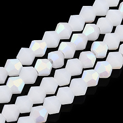 Белый Нити биконусного матового стекла с имитацией нефрита, с половинным покрытием ab цвета, граненые, белые, 4x4 мм, отверстие : 1 мм, около 80~85 шт / нитка, 30~32 см