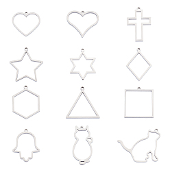 Stainless Steel Color 304 Stainless Steel Open Back Bezel Pendants, For DIY UV Resin, Epoxy Resin, Pressed Flower Jewelry, Mixed Shapes, Stainless Steel Color, 31x28x3mm, Hole: 2mm, 12pcs/box