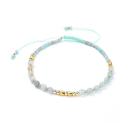 Аквамарин Регулируемые нейлоновые нити плетеные браслеты из бисера, с натуральным цветочным амазонитом и бусинами из зеленого авантюрина, стеклянный бисер и латунный бисер, аквамарин, внутренний диаметр: 2-1/4 дюйм ~ 3 дюйм (5.8~7.5 см)