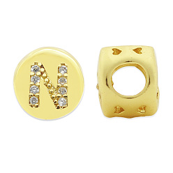 Letter N Brass Micro Pave Clear Cubic Zirconia Beads, Flat Round with Letter, Letter.N, 7.5x6.5mm, Hole: 3.5mm, 3pcs/bag