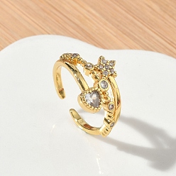 Золотой Открытые кольца манжеты из латуни с микропаве и кубическим цирконием, звезда с сердцем, без кадмия и без свинца, стойки покрытие, долговечный, золотые, 12 мм, внутренний диаметр: 17 мм