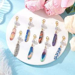 (52) Непрозрачная лаванда Подвеска из сплава перьев с эмалью, с круглыми бусинами из полимерной глины и стразами, застежками-карабинами из цинкового сплава, разноцветные, 67.5 мм, 8 шт / комплект