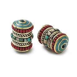 Античное Золото Ручной тибетском стиле бисера, колонка, Латунные бусины, с синтетическими бирюзовый, античное золото , 20.5x14 мм, отверстие : 1.6 мм