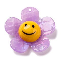 Средний Аквамарин Акриловые подвески, с смоляной шарик, цветок с улыбающимся лицом, средний аквамарин, 43x44x14 мм, отверстие : 1.6 мм