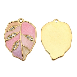 Розовый Подвески из нержавеющей стали со стразами, с эмалью, золотые, очарование листа, туманная роза, 21x11 мм, отверстие : 1.4 мм