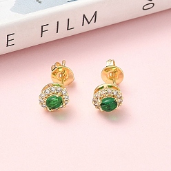 Золотой Овальные серьги-гвоздики из латуни с микропаве из прозрачных кубических цирконий, со стеклом, стойки покрытие, без кадмия и без свинца, золотые, 7x6.5 мм