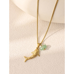 Зеленый Морской стиль 304 Подвеска в виде акулы из нержавеющей стали с натуральным драгоценным камнем для женщин, золотые, зелёные, 17.32 дюйм (44 см)