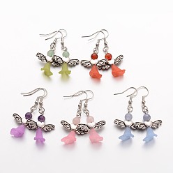 (52) Непрозрачная лаванда Природные круглые бусины Gemstone мотаться серьги, с фурнитурой тибетского стиля, платина тон крючки латунь серьги и прозрачные акриловые бусины, матовые, прекрасное свадебное платье ангел болтаться, разноцветные, 47 мм , штифт: 0.6 мм