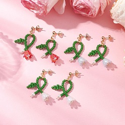 (52) Непрозрачная лаванда Серьги-гвоздики с цветком, с круглыми бусинами рокайль, бусинами из ракушек и фурнитурой для сережек-гвоздиков из акрила и латуни, а также 304 соединительными кольцами из нержавеющей стали, золотые, разноцветные, 38x32 мм, 3 пар / набор