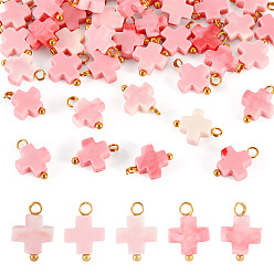 Golden 42Pcs Dyed Synthetic Coral Cross Charms, with Brass Loops, Pink, Golden, 11.5mm, Hole: 1.3mm