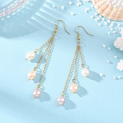 Golden Natural Cultured Freshwater Pearl Tassel Dangle Earrings, Brass Dangle Earring for Women, Golden, 85~90mm