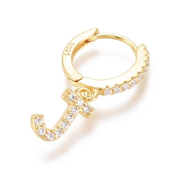 Letter J 925 Sterling Silver Hoop Earrings, Dangle Earrings, with Cubic Zirconia, with S925 Stamp, Letter, Clear, Golden, Letter.J, 20mm, Pendants: about 8.8x6x1.5mm, Pin: 0.6mm