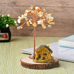 Цитрин Натуральные цитриновые чипсы Дерево жизни украшения, с домом из смолы, деревянные подвалы с медной проволокой фэн-шуй энергетический камень подарок для женщин мужчин медитация, 60x100 мм