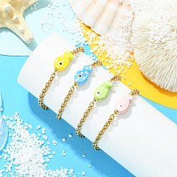 (52) Непрозрачная лаванда Браслеты из фарфора ручной работы звенья браслетов, 304 женские браслеты-цепочки из нержавеющей стали, рыба, реальный 18 k позолоченный, разноцветные, 7.32 дюйм (18.6 см)