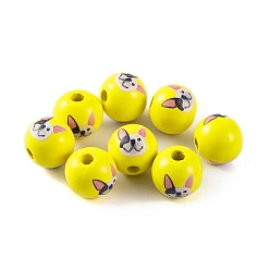 Yellow Wood European Beads, Round with Dog Pattern, Yellow, 16x15mm, Hole: 4.5mm