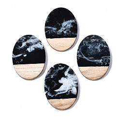 Черный Подвески из непрозрачной смолы и ореха, два тона, овальные, чёрные, 38x26x3 мм, отверстие : 2 мм