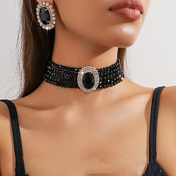 Черный Овальный комплект из латунных, стеклянных и пластиковых бусин с цепочкой-ошейником и серег-гвоздиков, чёрные, 280 мм