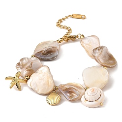 Настоящее золото 18K 304 женские браслеты с подвесками из нержавеющей стали, форма ракушки и морская звезда и раковина, реальный 18 k позолоченный, 7 дюйм (17.7 см)