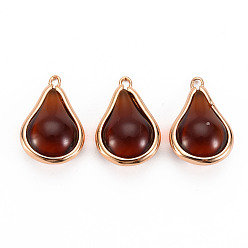 Saddle Brown Transparent Glass Pendants, with Brass Findings, Teardrop, Light Gold, Saddle Brown, 19x12x8mm, Hole: 1mm