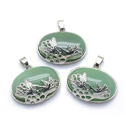 Green Aventurine Natural Green Aventurine Pendants, with Alloy Findings, Oval, Platinum, 26.5x32x12mm, Hole: 4.5x5mm