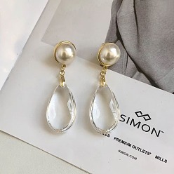 Clear Brass & Imitation Pearl Round Stud Earrings, Resin Teardrop Dangle Earrings for Women, Clear, 52mm