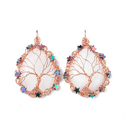 Quartz Crystal Natural Quartz Crystal Big Pendants, Teardrop Charms, with Rack Plating Rose Gold Plated Copper Wire Tree and Non-magnetic Hematite Star Beads, Cadmium Free & Lead Free, 63~65x39~43x9~11mm, Hole: 6~6.5x4.5~5mm