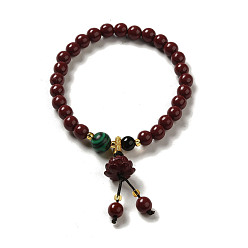 Flower 6mm Round Cinnabar Mala Stretch Bracelets, with Synthetic Malachite and Natural Agate, Flower, Inner Diameter: 2 inch(4.95~5.1cm)