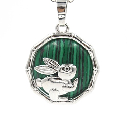 Малахит Природного малахита подвески, плоская круглая форма из латуни платинового цвета с подвесками в виде кролика, 25x10 мм