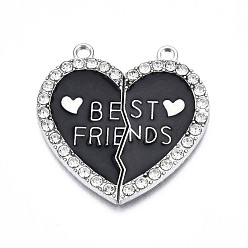 Черный Подвеска из сплава эмали, со стразами, без кадмия, без никеля и без свинца, платина, разбитое сердце со словом лучший друг, чёрные, 31x30.5x2 мм, отверстие : 2 мм